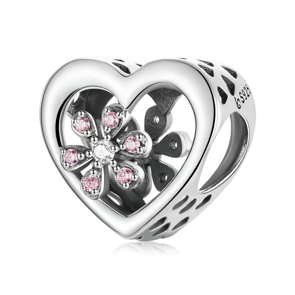 Dije O Charm Plata S925 Fementi Corazón Flor Rosa
