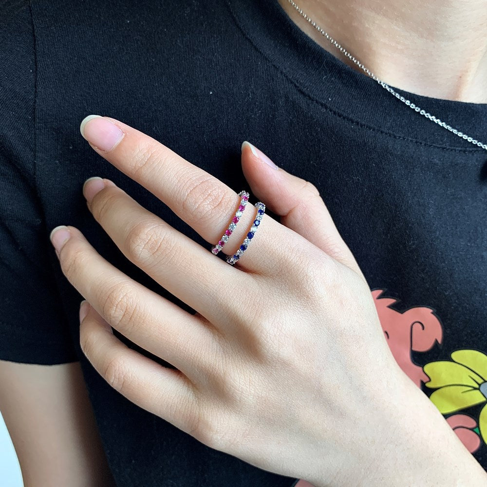 Anillo Plata S925 Fementi Banda Circones Transparente y Fucsia