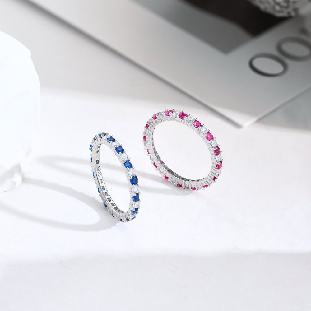 Anillo Plata S925 Fementi Banda Circones Transparente y Fucsia