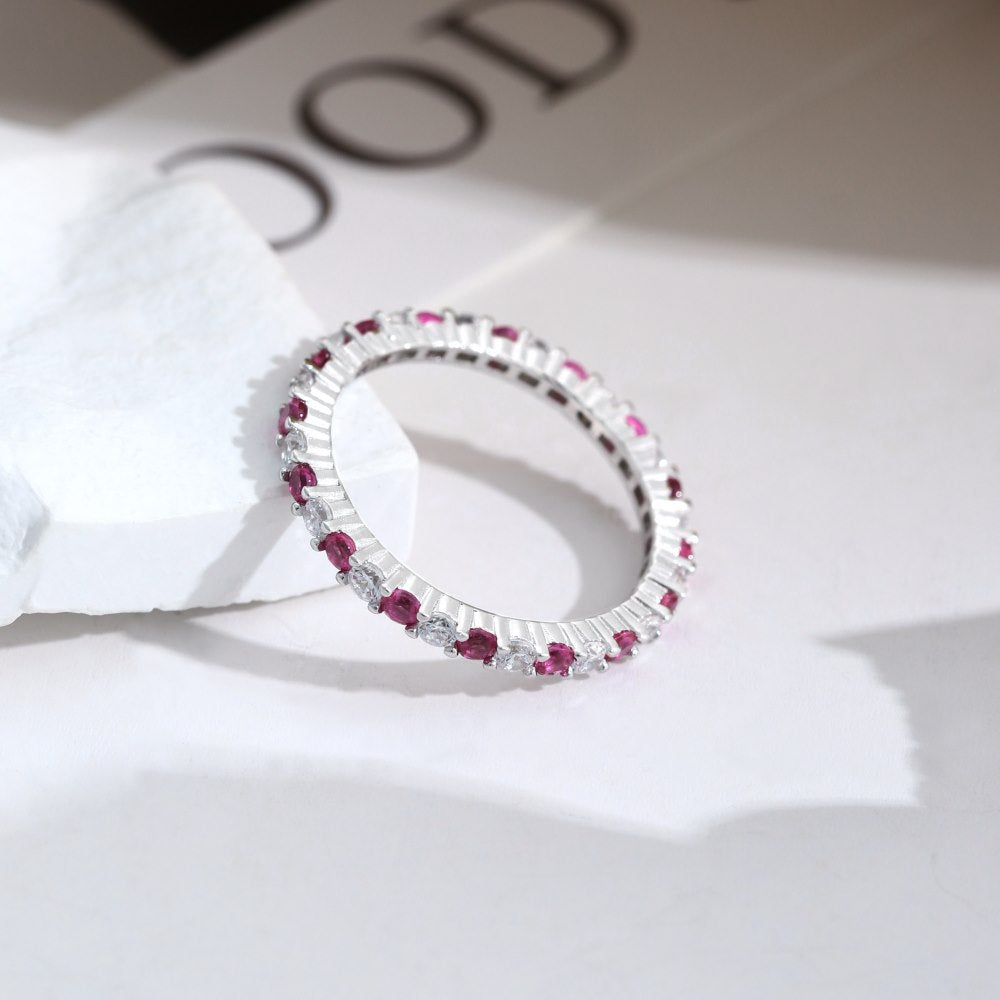 Anillo Plata S925 Fementi Banda Circones Transparente y Fucsia