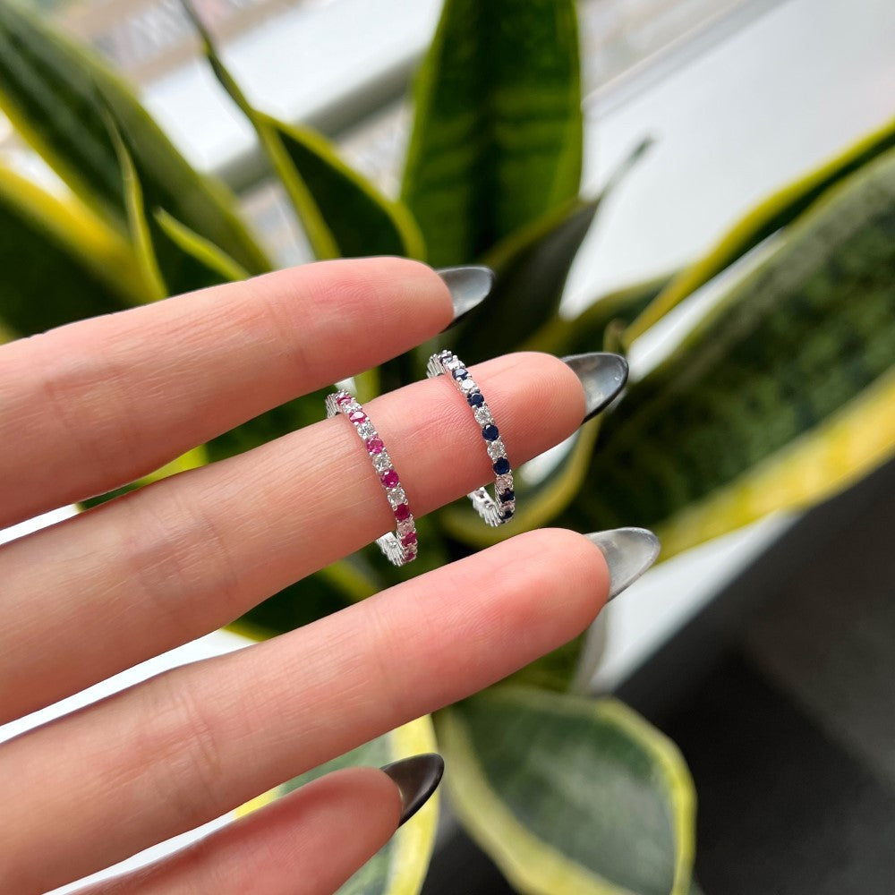 Anillo Plata S925 Fementi Banda Circones Transparente y Fucsia