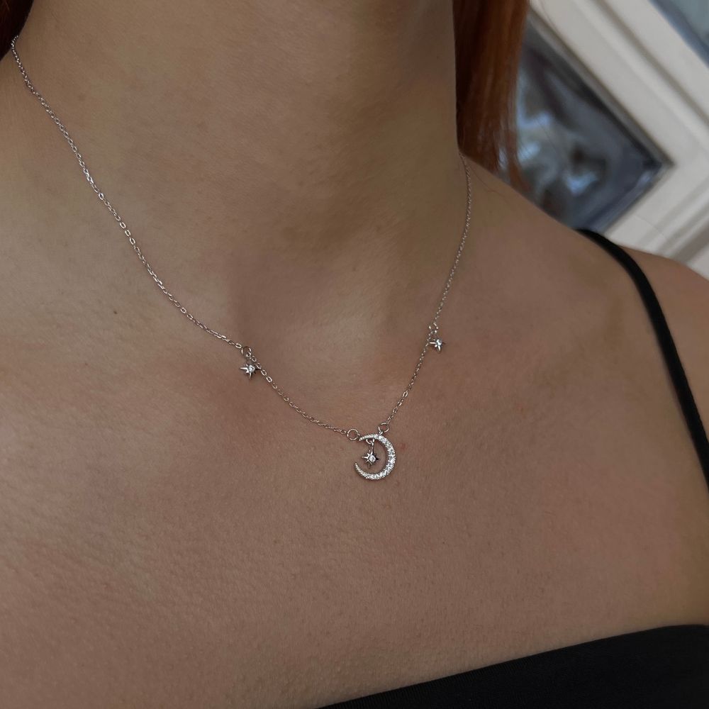 Collar Plata S925 Fementi Luna Y Estrellas Colgantes