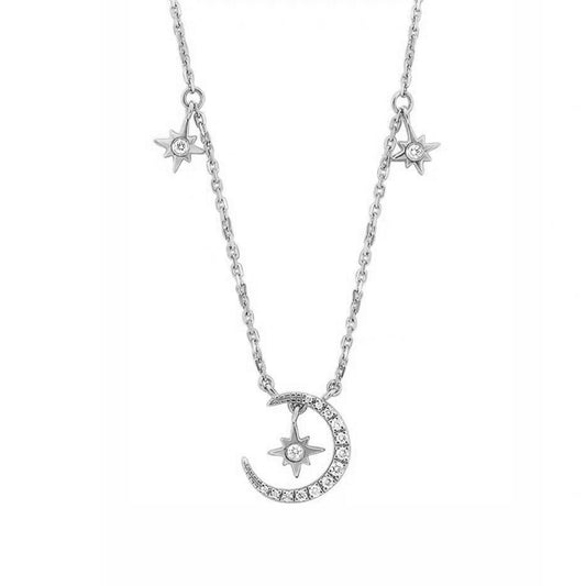 Collar Plata S925 Fementi Luna Y Estrellas Colgantes